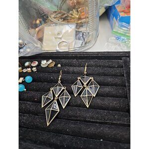 Earrings Pierced Dangle French Wire Gold-tone Black Enamel Geometric